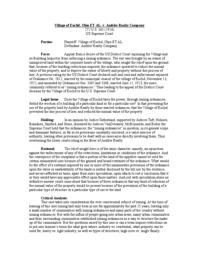 Legal Brief of Village of Euclid, Ohio ET AL. v. Ambler Realty Company