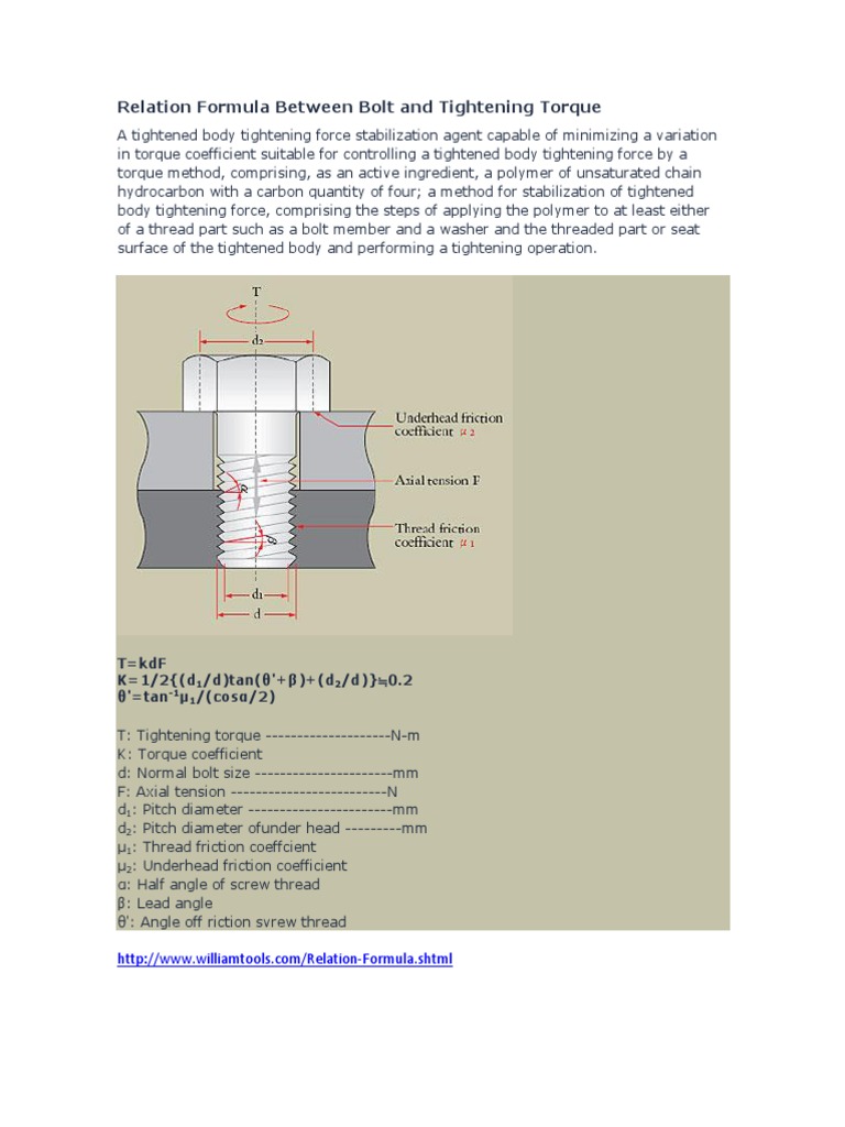 Relation Formula Between Bolt and Tightening Torque Screw Torque