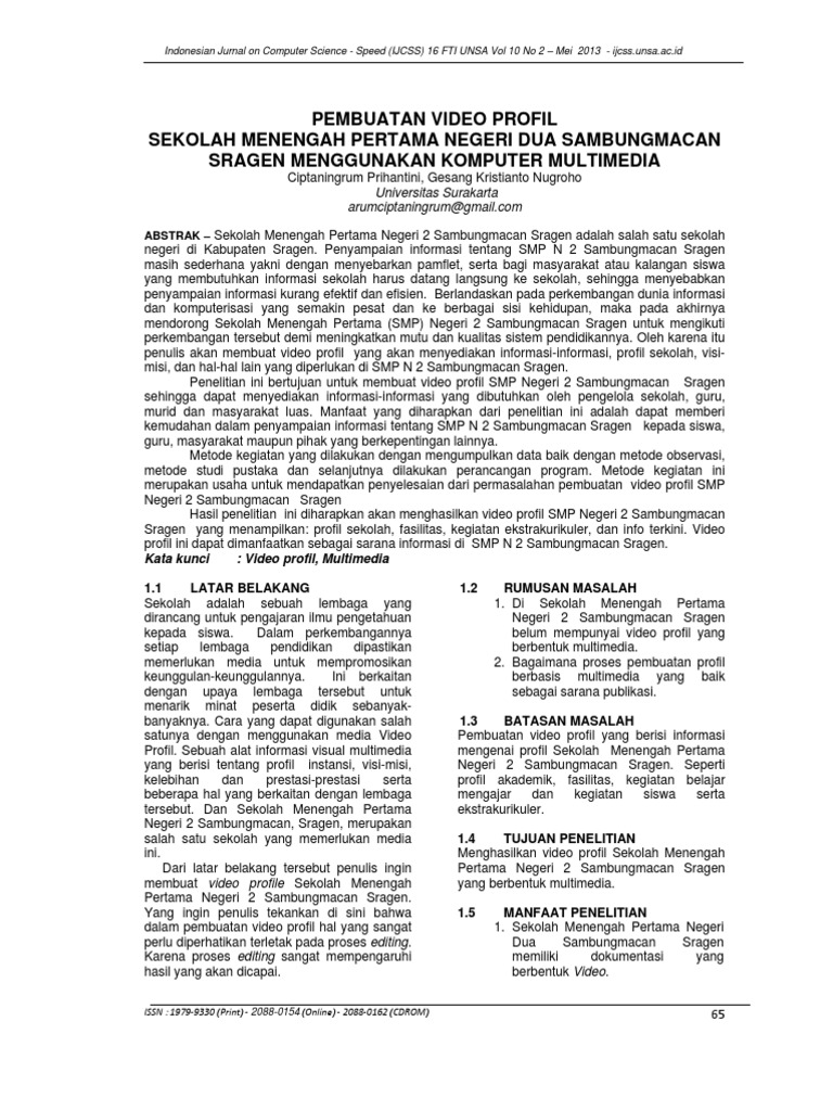 Pembuatan Video Profil Sekolah Menengah Pertama Negeri Dua Sambungmacan Sragen Menggunakan Komputer Multimedia