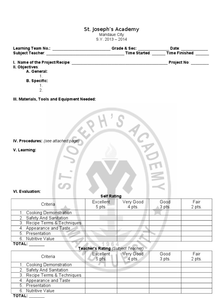 Cooking Project Evaluation Template | PDF