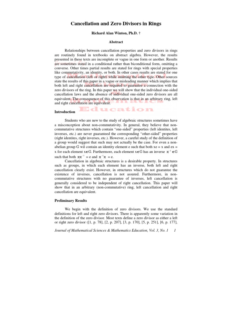 Cancellation and Zero Divisors in Rings PDF Ring (Mathematics