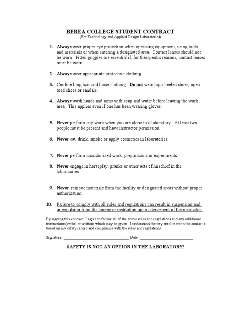 Berea College Lab Safety Contract | PDF