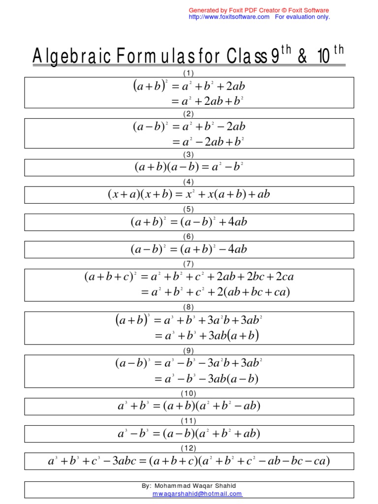 Algebraic Formulas For Class 9th 10th Teaching Mathematics Computing And Information Technology