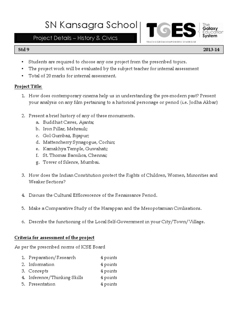 STD 9 Hist Project Details 2013-14 | PDF