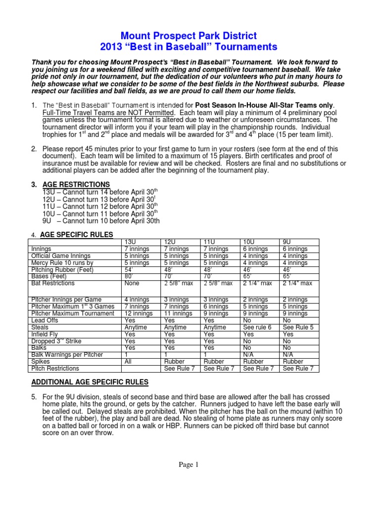 2013 MP 9u Best in Baseball Rules PDF Baseball Field Pitcher