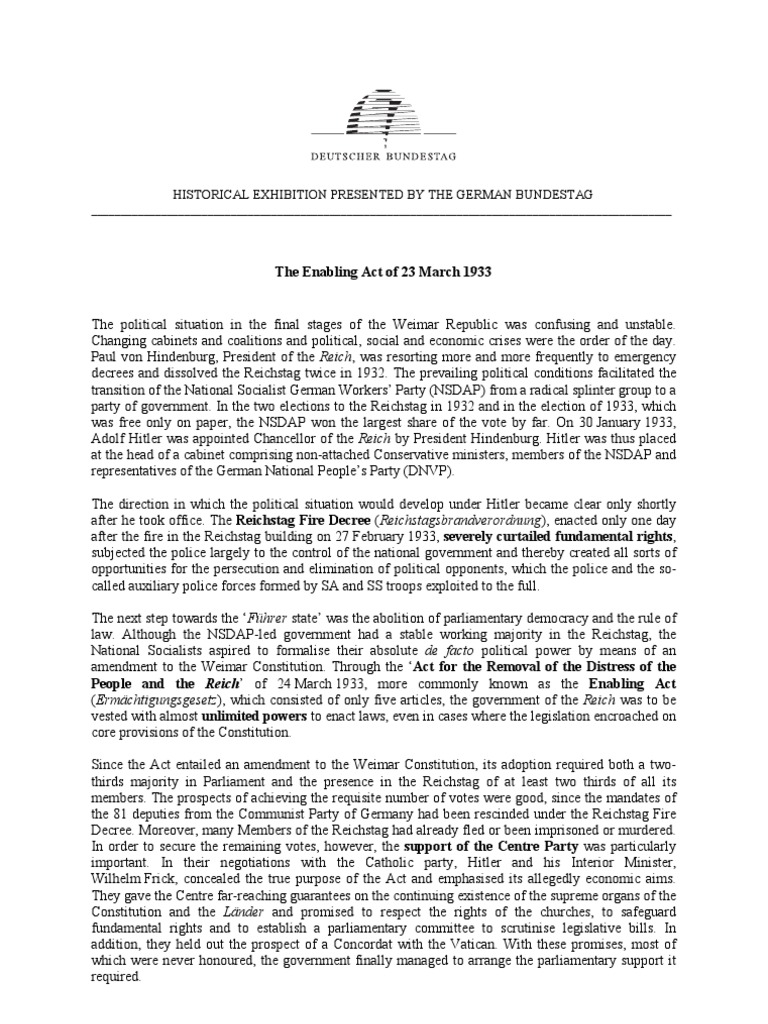 The Enabling Act PDF Weimar Republic Reichstag (Weimar Republic)