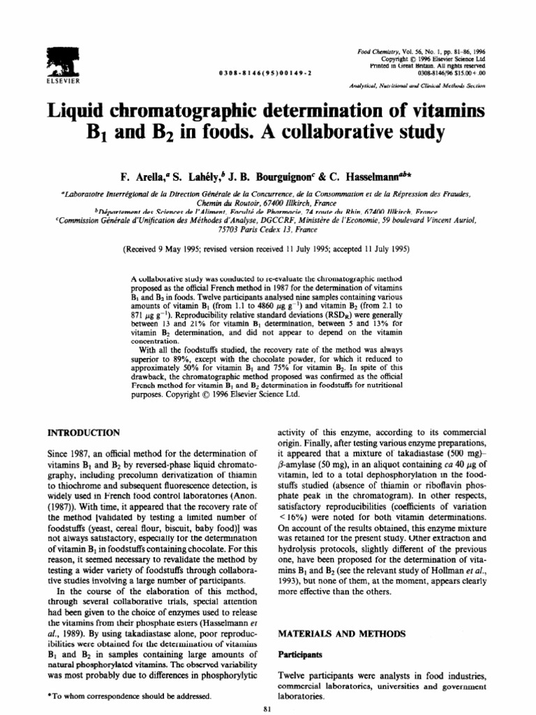 Liquid Chromatographic Determination of Vitamins B1 and B2 in Foods