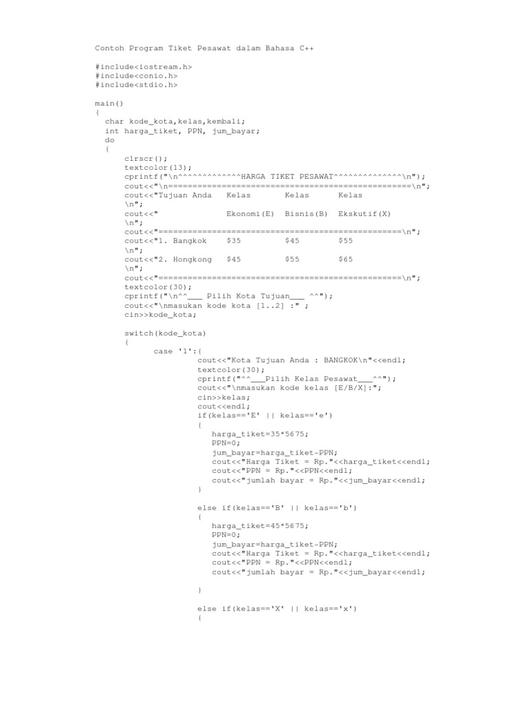 Contoh Program C++ (Harga Tiket) | PDF