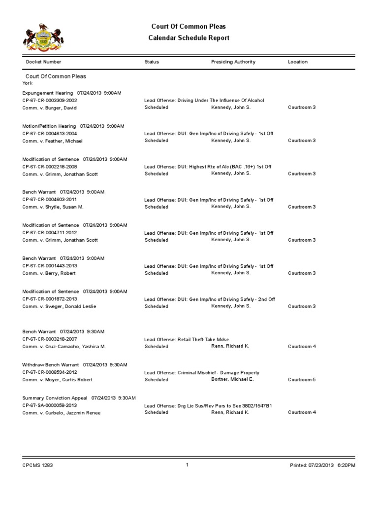 York County Court Schedule For July 24 PDF