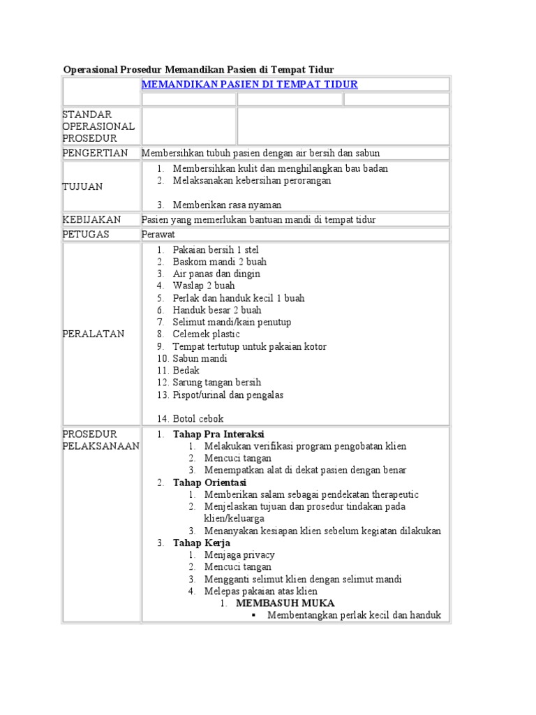 Operasional Prosedur Memandikan Pasien Di Tempat Tidur
