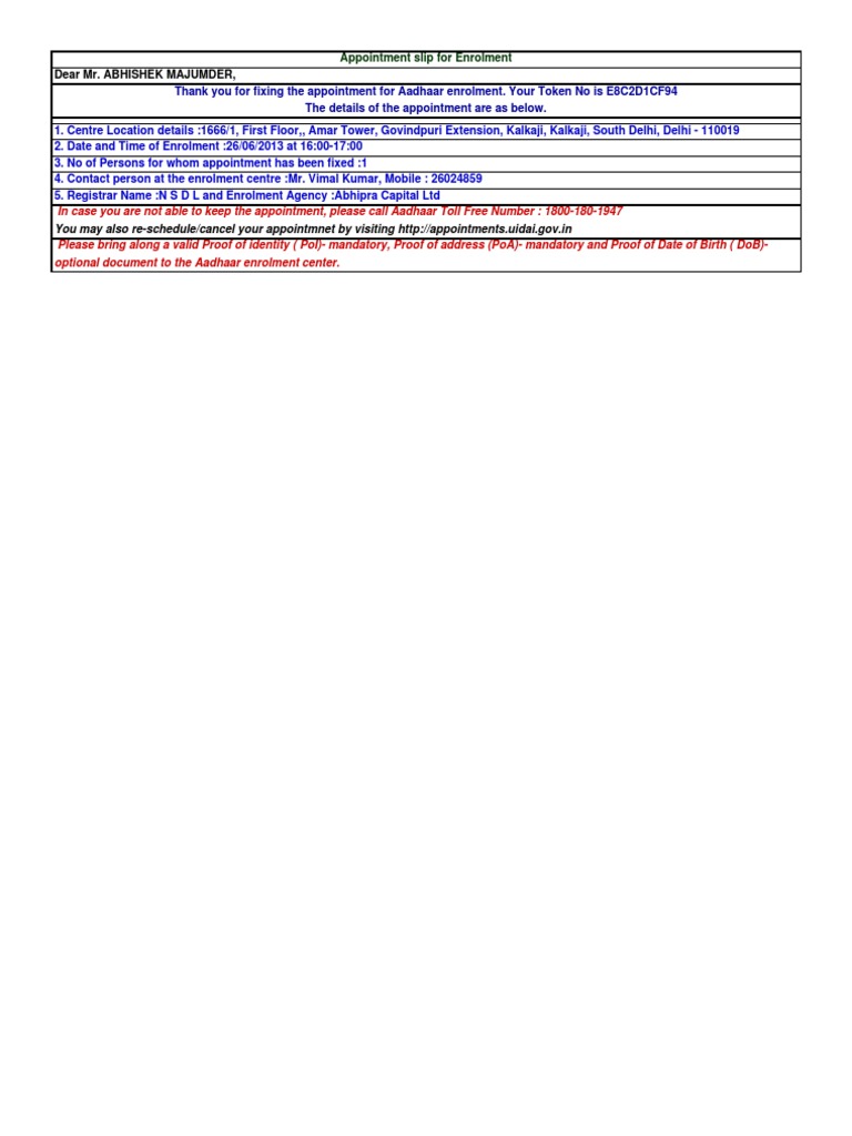 Aadhaar Enrolment Appointment Slip | PDF