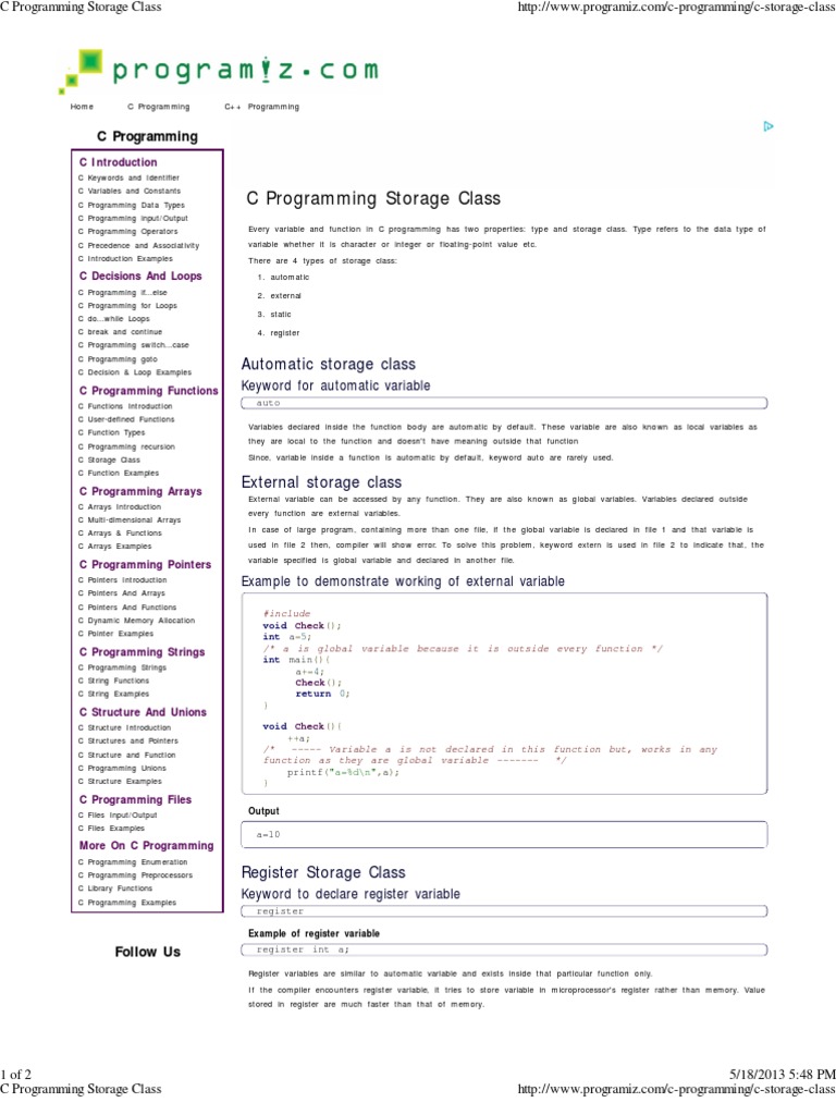C Programming Storage Class C Programming Language Subroutine
