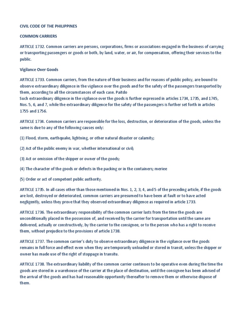 Civil Code of The Philippines Common Carriers PDF Common Carrier