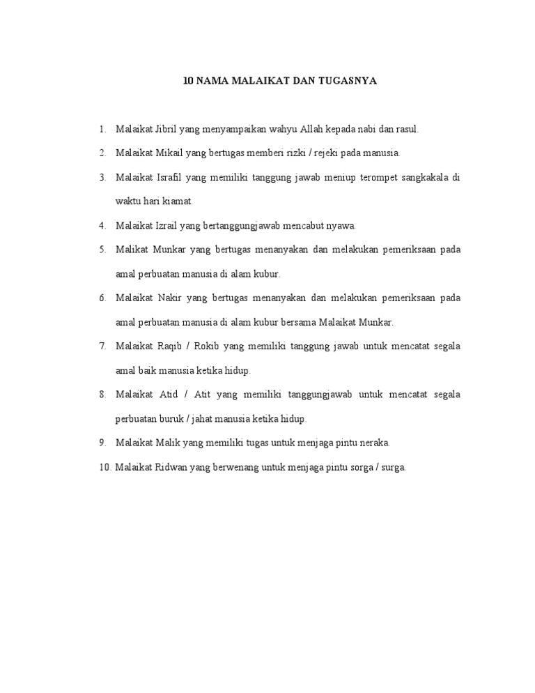 10 Nama Malaikat Dan Tugasnya Pdf