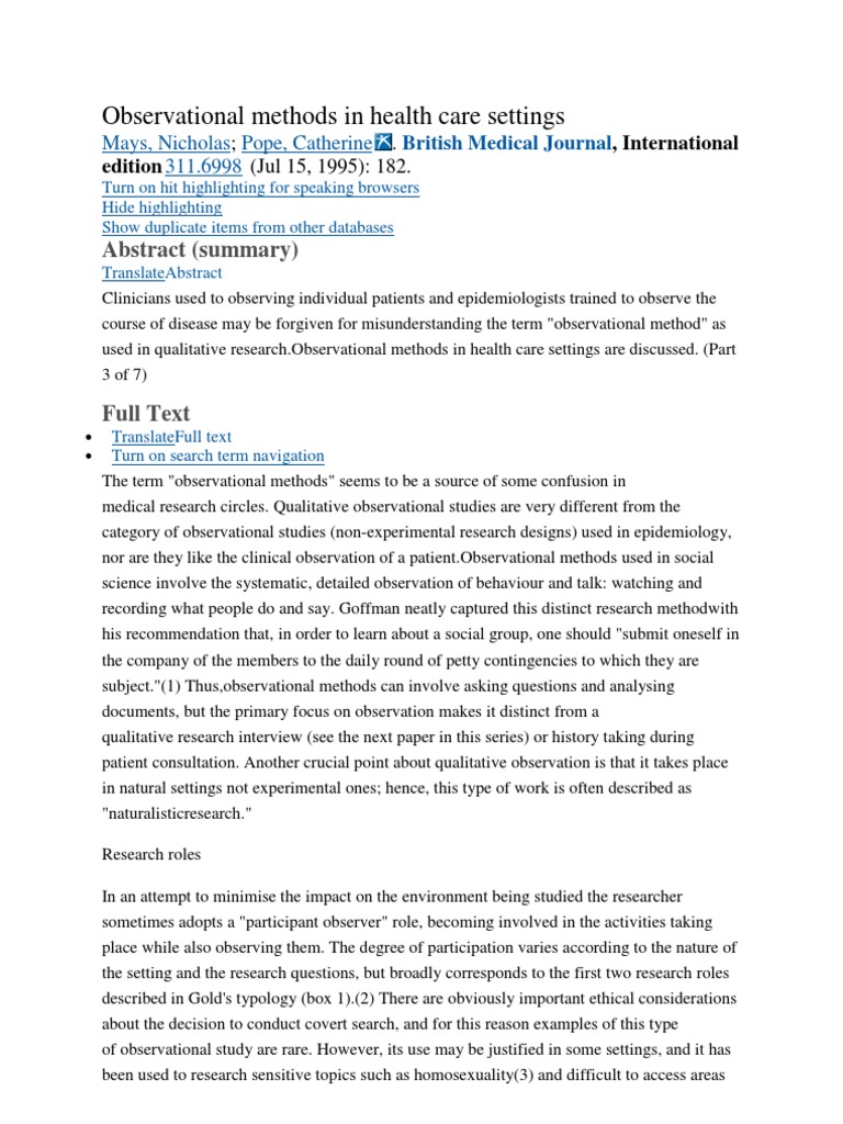 qualitative research observational methods in health care settings