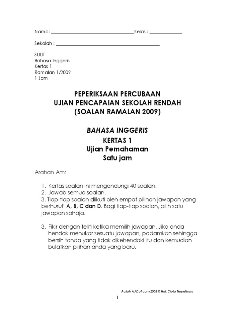 Soalan Ramalan Upsr 2019 Bahasa Melayu - Malacca a