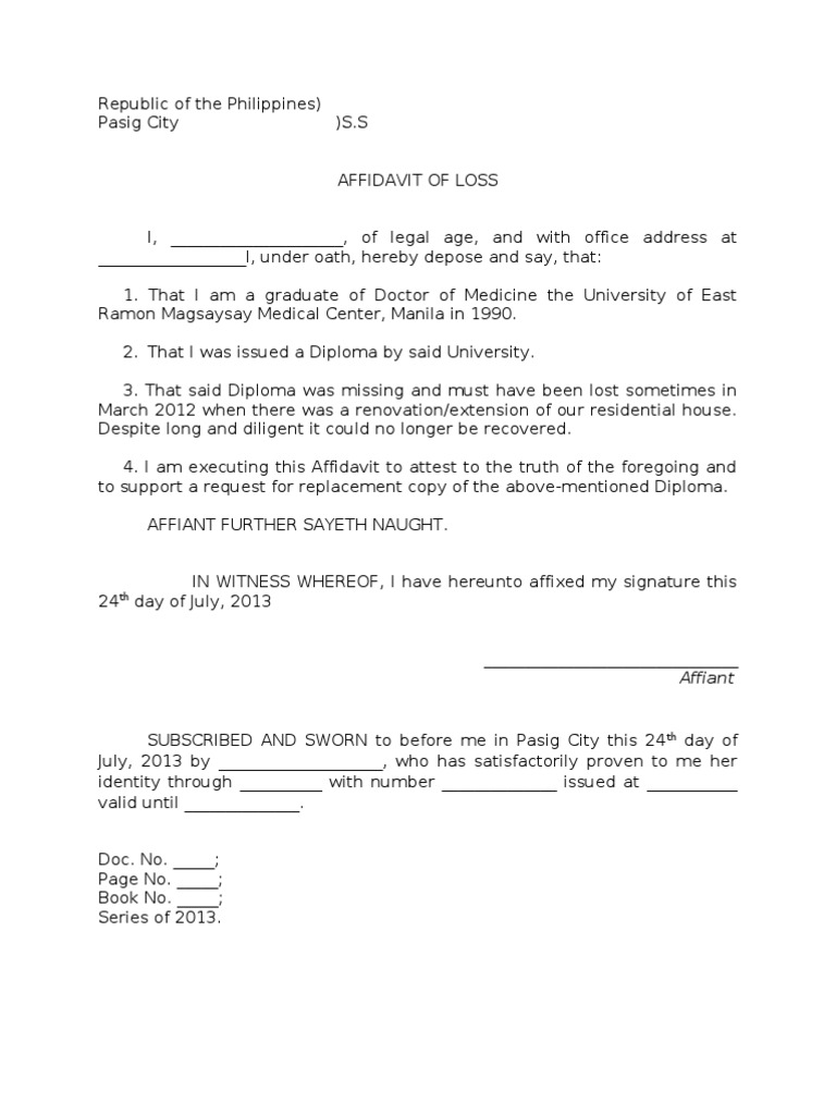 Sample Affidavit Of Loss Of A Diploma Affidavit Evidence