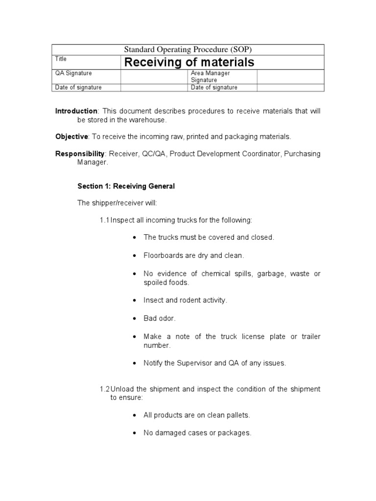 Sop Receiving | PDF | Packaging And Labeling | Truck