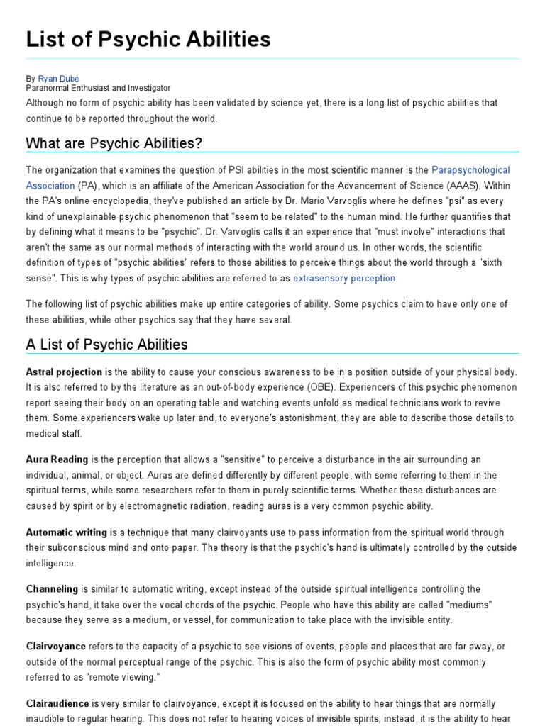 List Of Psychic Abilities Parapsychology Clairvoyance