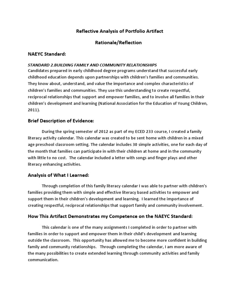 Reflective Analysis of Portfolio Artifact Rationale/Reflection NAEYC ...