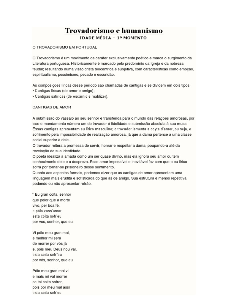 Atividades Sobre Trovadorismo | PDF