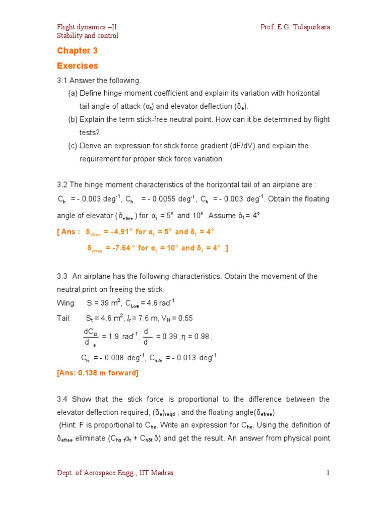 Flight Dynamics II: Stability & Control Exercises | PDF