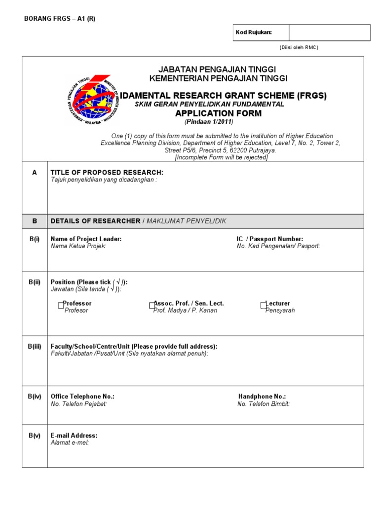 FRGS Application Form for Research Grants | PDF
