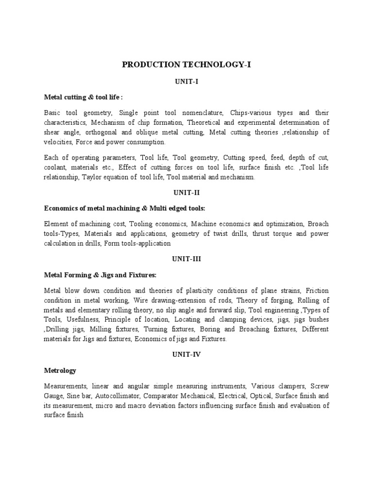 Production Technology Syllabus Machining Force