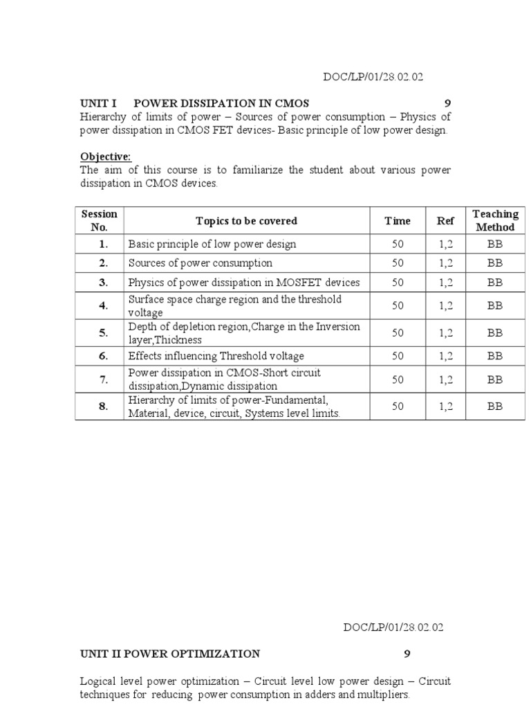 Low Power VLSI Design Course Outline | PDF | Field Effect Transistor | Cmos