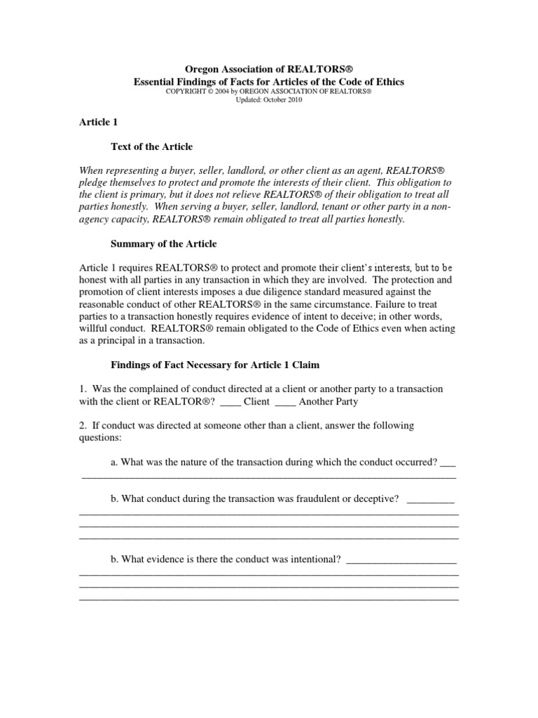 Oregon Association's Findings of Facts Guide To The COE PDF Real