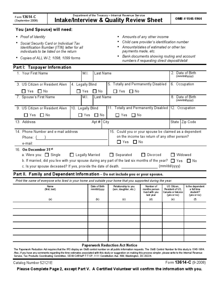 TY 2008 Intake and Interview Sheet Irs Tax Forms Identity Document