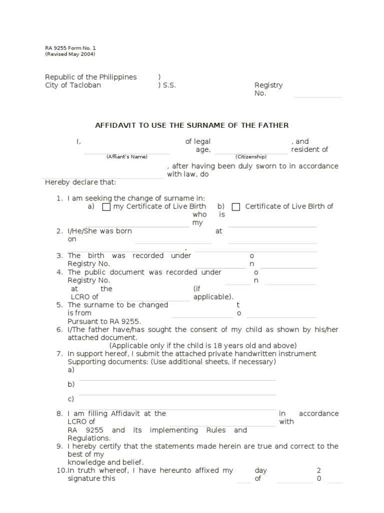 Affidavit to Use Father's Surname | PDF | Affidavit | Document