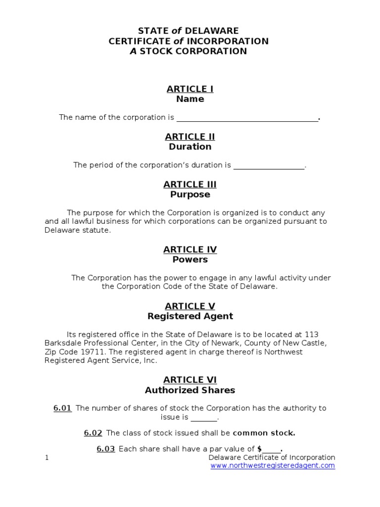 Delaware Certificate Of Incorporation Delaware Corporations