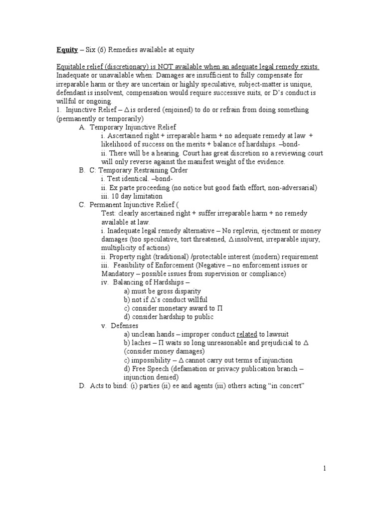 Il Bar Exam Outlines Equity Injunction Equity (Law)