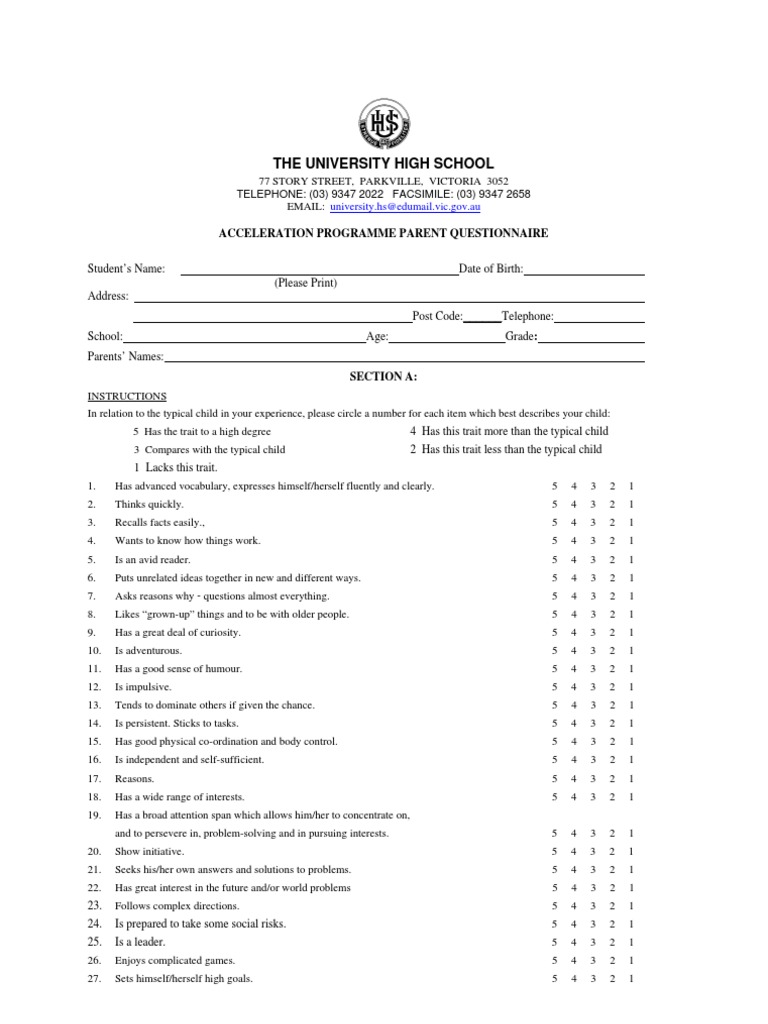 University High School Parent Questionnaire | PDF | Behavioural ...
