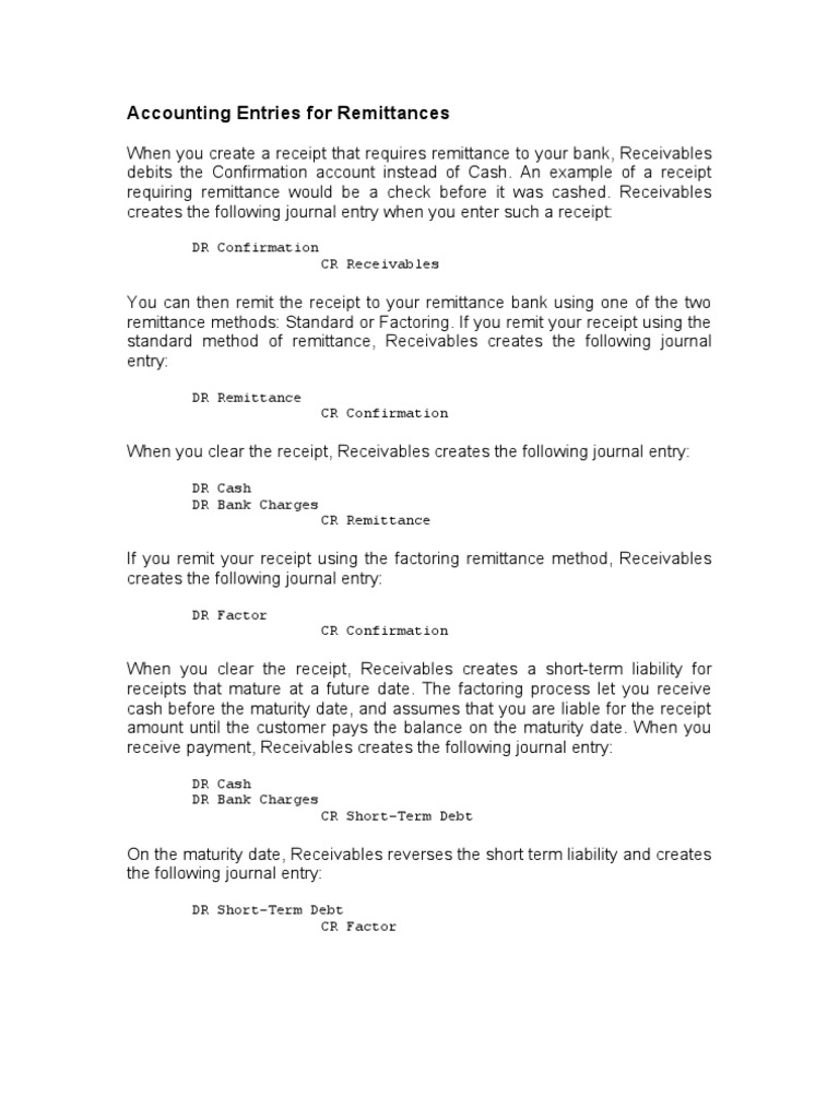 Remittance Accounting Journal Entries | PDF | Finance & Money Management