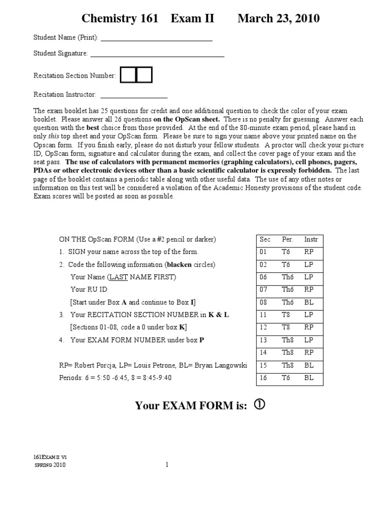 161 Exam II V1 Spring 2010 (1) Chemistry PDF Properties Of Water