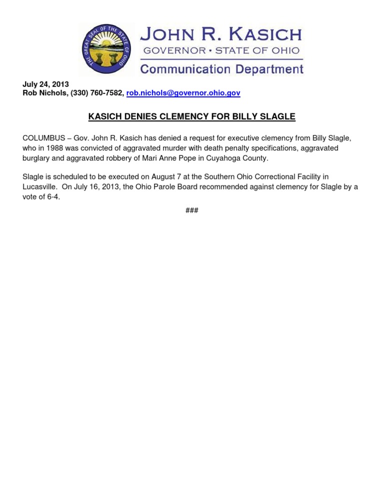 Kasich Denies Clemency for Billy Slagle | PDF