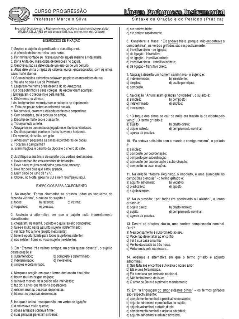 Exercícios de Sintaxe em Português | PDF | Assunto (gramática) | Pronome
