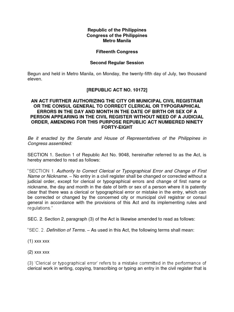 RA 10172: Correcting Civil Register Errors | PDF | Birth Certificate ...