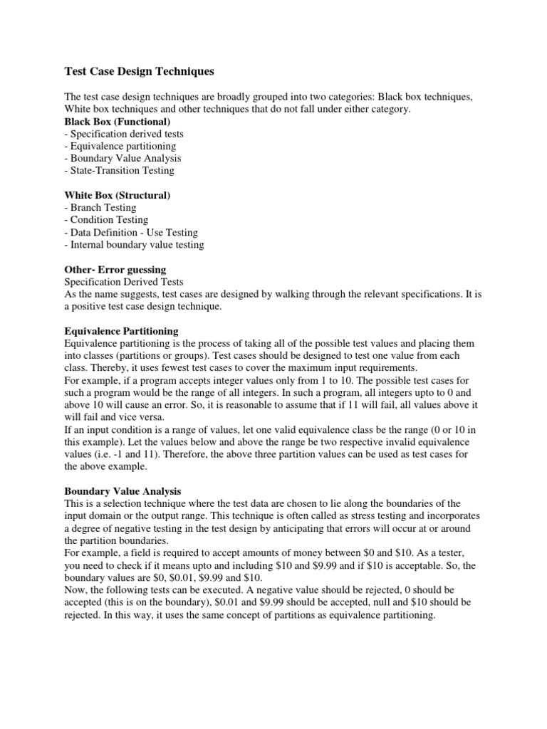 Test Case Design Techniques Overview | PDF | Systems Theory | Systems ...