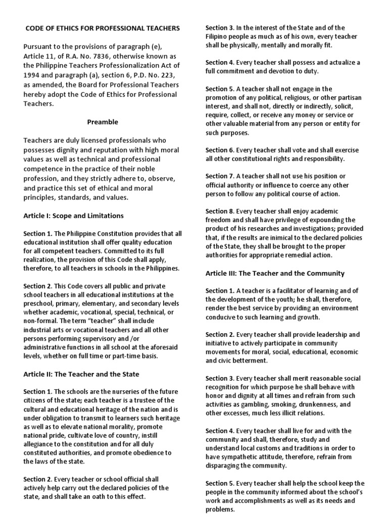 Philippine Teachers' Code of Ethics | PDF | Profession | Teachers