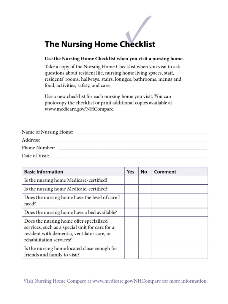 The Nursing Home Checklist PDF Nursing Home Care Nursing