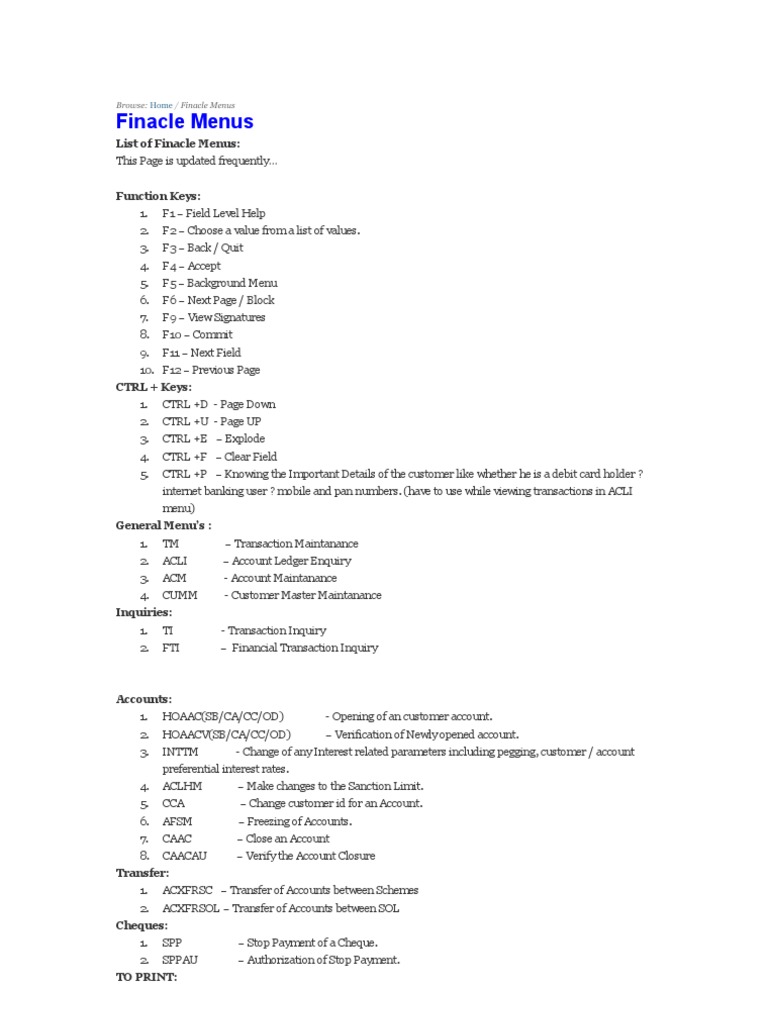 Finacle Menus and Function Keys Guide | PDF | Finance & Money ...