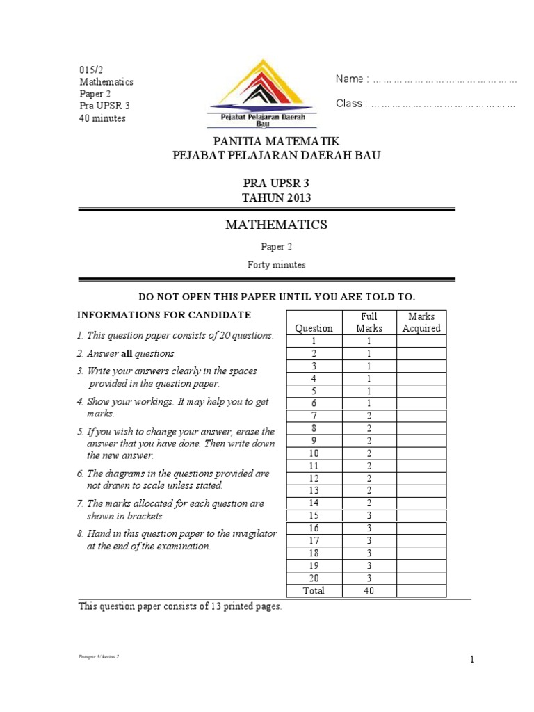 Pra UPSR 3 Mathematics Paper 2 | PDF | Teaching Mathematics | Science