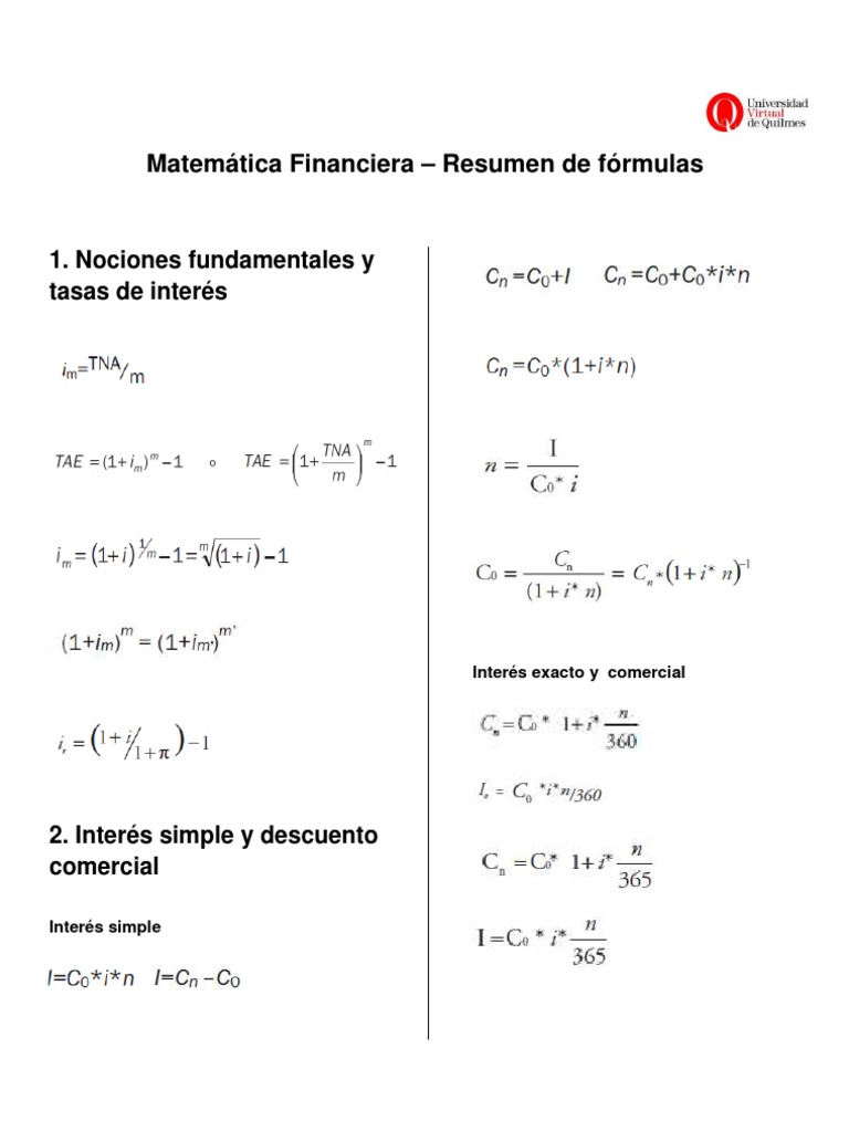 Matematica Financiera Formulas Finanzas Matemáticas Valoración