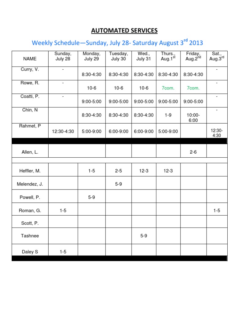 Automated Services Weekly Schedule | PDF