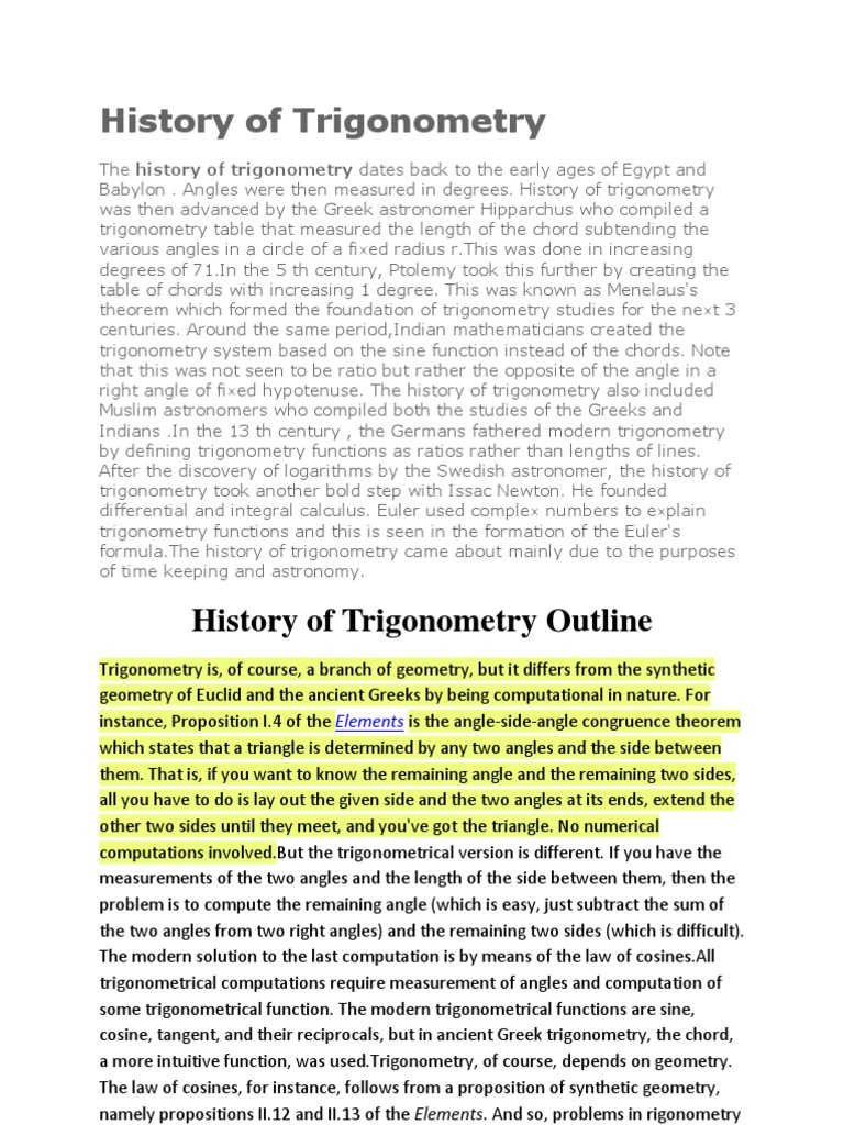 History of Trigonometry PDF Trigonometry Trigonometric Functions