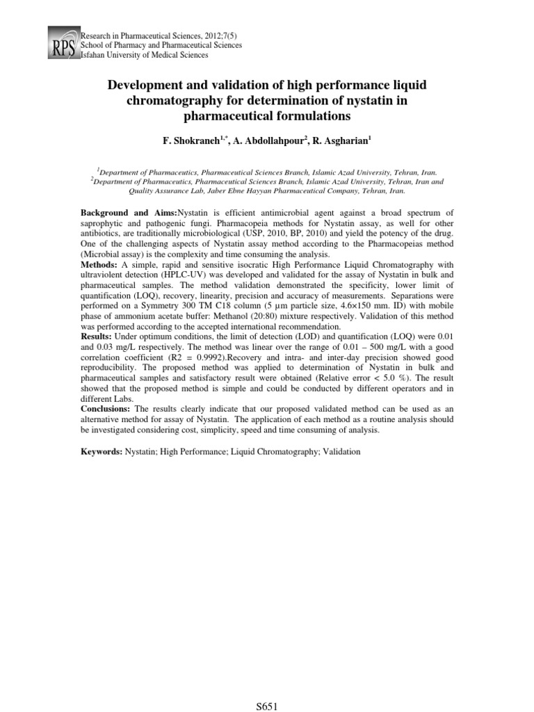 Development and Validation of HPLC Chromatography Method For Nystatin in Pharmaceutical