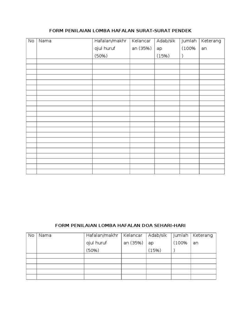 Form Penilaian Lomba Hafalan Surat